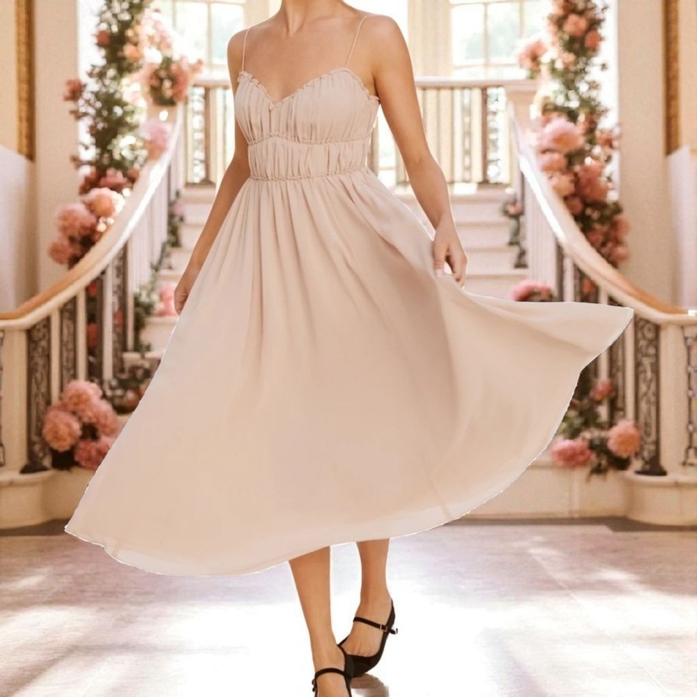 Reformation Womens 2 Taupe Pique Paloma Midi Milkmade Ballerina Dress Romantic